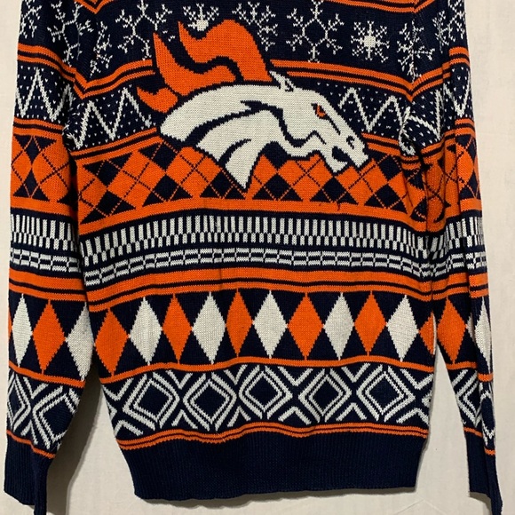 NFL Denver Broncos Football Navy and Orange Fair Isle Christmas Holiday Sweater - Picture 3 of 6